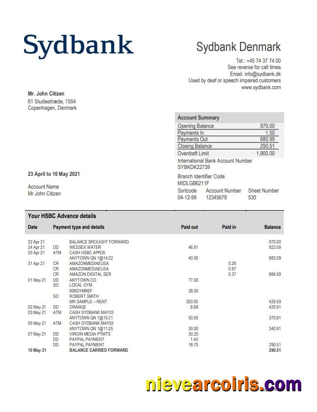 Denmark Sydbank statement